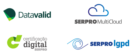Marcas dos produtos Certificado Digital, Serpro Multicloud, Datavalid e Serpro LGPD